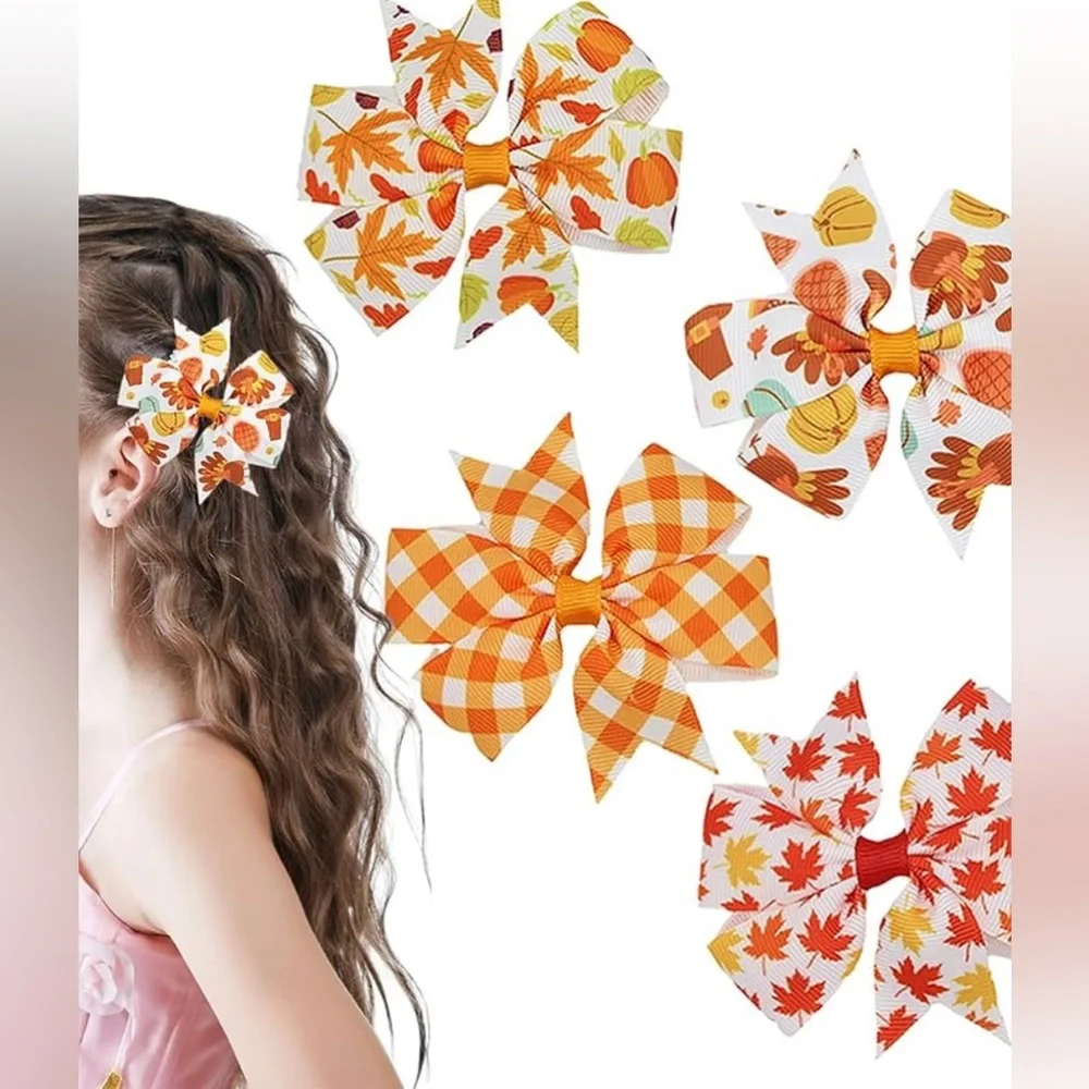 NWT Thanksgiving Bow Hair Clips Fall Maple Leaf Hair Bows 4Pcs